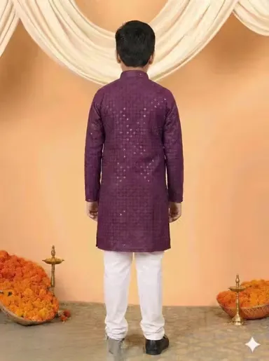 Boys Festive Embroidered Kurta Pajama Set for Kids – Traditional Ethnic Wedding Party Wear Kurta with White Pajama for Festivals Birthday Functions Puja Ceremony Clothing Purple 6-7 Y thumbnail 1
