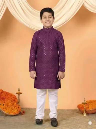 Boys Festive Embroidered Kurta Pajama Set for Kids – Traditional Ethnic Wedding Party Wear Kurta with White Pajama for Festivals Birthday Functions Puja Ceremony Clothing Purple 6-7 Y thumbnail 0