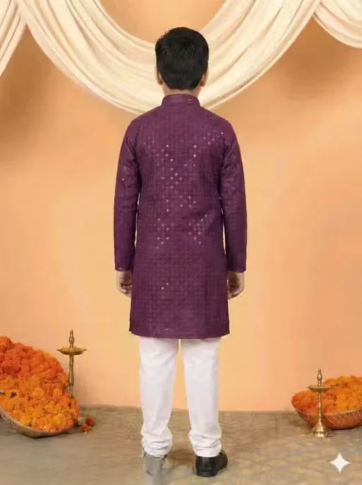 Boys Festive Embroidered Kurta Pajama Set for Kids – Traditional Ethnic Wedding Party Wear Kurta with White Pajama for Festivals Birthday Functions Puja Ceremony Clothing Purple 7-8 Y image 2