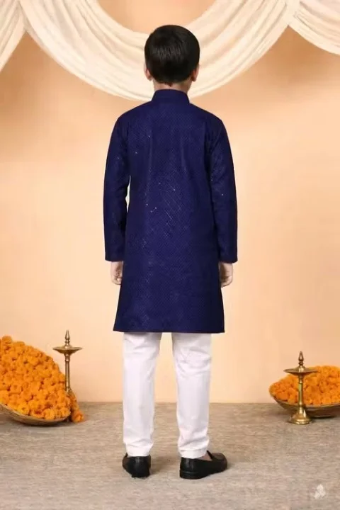 Boys Festive Embroidered Kurta Pajama Set for Kids – Traditional Ethnic Wedding Party Wear Kurta with White Pajama for Festivals Birthday Functions Puja Ceremony Clothing Navy Blue 1-2 Y image 2