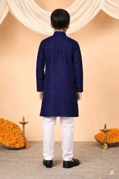 Boys Festive Embroidered Kurta Pajama Set for Kids – Traditional Ethnic Wedding Party Wear Kurta with White Pajama for Festivals Birthday Functions Puja Ceremony Clothing Navy Blue 1-2 Y thumbnail 1
