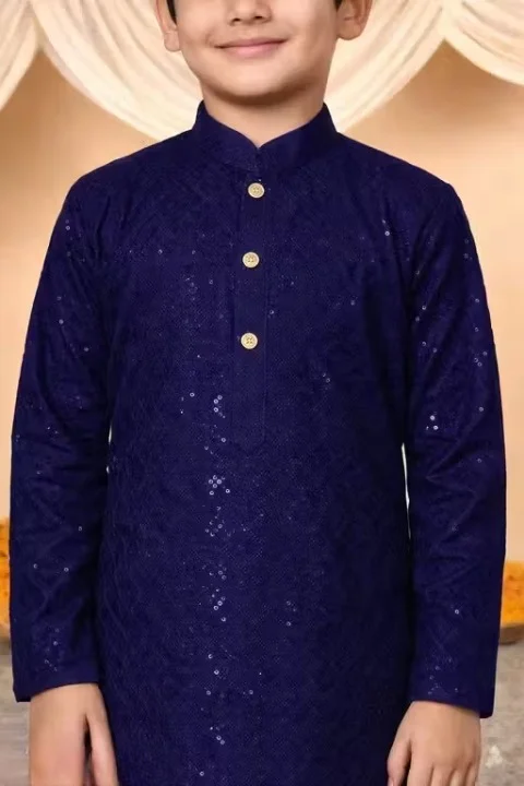 Boys Festive Embroidered Kurta Pajama Set for Kids – Traditional Ethnic Wedding Party Wear Kurta with White Pajama for Festivals Birthday Functions Puja Ceremony Clothing Navy Blue 1-2 Y image 3
