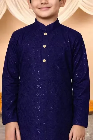 Boys Festive Embroidered Kurta Pajama Set for Kids – Traditional Ethnic Wedding Party Wear Kurta with White Pajama for Festivals Birthday Functions Puja Ceremony Clothing Navy Blue 2-3 Y thumbnail 2