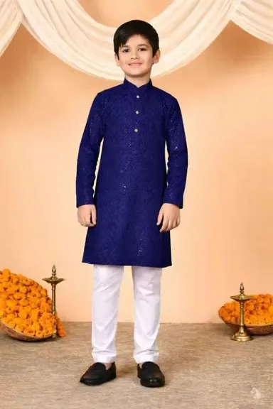 Boys Festive Embroidered Kurta Pajama Set for Kids – Traditional Ethnic Wedding Party Wear Kurta with White Pajama for Festivals Birthday Functions Puja Ceremony Clothing Navy Blue 3-4 Y thumbnail 0