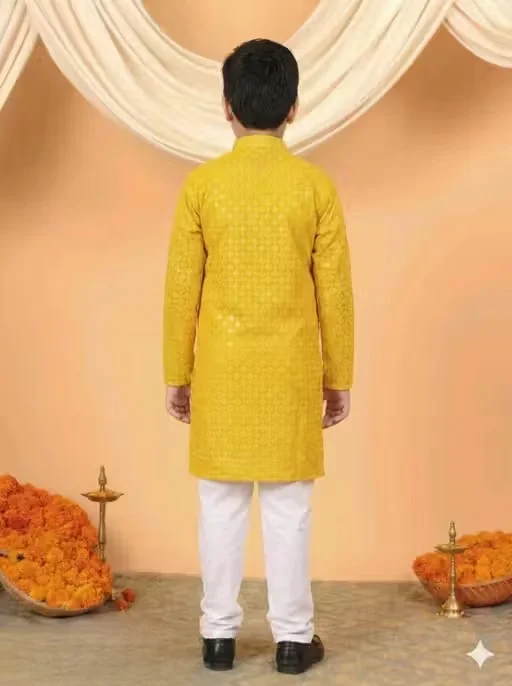 Boys Festive Embroidered Kurta Pajama Set for Kids – Traditional Ethnic Wedding Party Wear Kurta with White Pajama for Festivals Birthday Functions Puja Ceremony Clothing Yellow 1-2 Y image 2