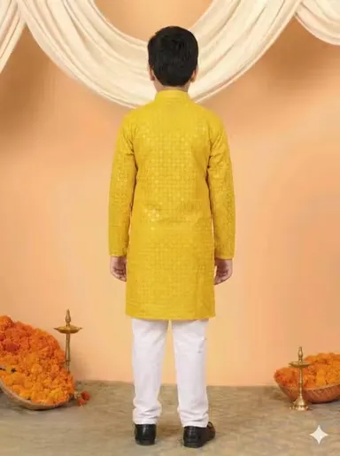 Boys Festive Embroidered Kurta Pajama Set for Kids – Traditional Ethnic Wedding Party Wear Kurta with White Pajama for Festivals Birthday Functions Puja Ceremony Clothing Yellow 2-3 Y thumbnail 1