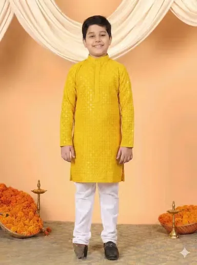 Boys Festive Embroidered Kurta Pajama Set for Kids – Traditional Ethnic Wedding Party Wear Kurta with White Pajama for Festivals Birthday Functions Puja Ceremony Clothing Yellow 5-6 Y thumbnail 0