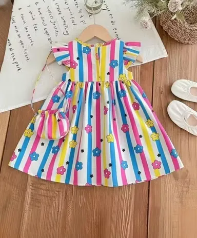 Baby Girls Printed Fit & Flare Cotton Dress with Sling Bag Combo Sleeveless Party Wear Casual Frock for Kids Birthday Wedding Summer Outfit Multi Colour 9-12 M thumbnail 1