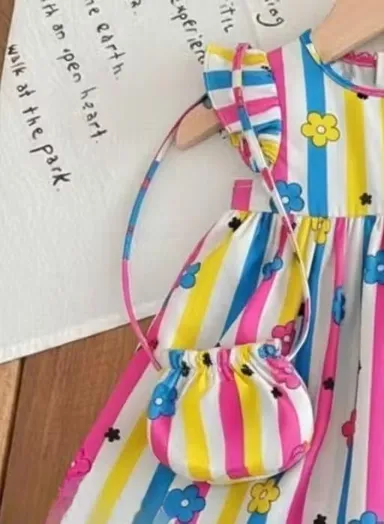 Baby Girls Printed Fit & Flare Cotton Dress with Sling Bag Combo Sleeveless Party Wear Casual Frock for Kids Birthday Wedding Summer Outfit Multi Colour 4-5 Yr thumbnail 2