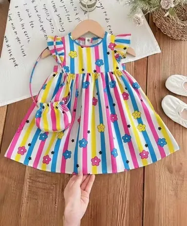 Baby Girls Printed Fit & Flare Cotton Dress with Sling Bag Combo Sleeveless Party Wear Casual Frock for Kids Birthday Wedding Summer Outfit Multi Colour 4-5 Yr thumbnail 0