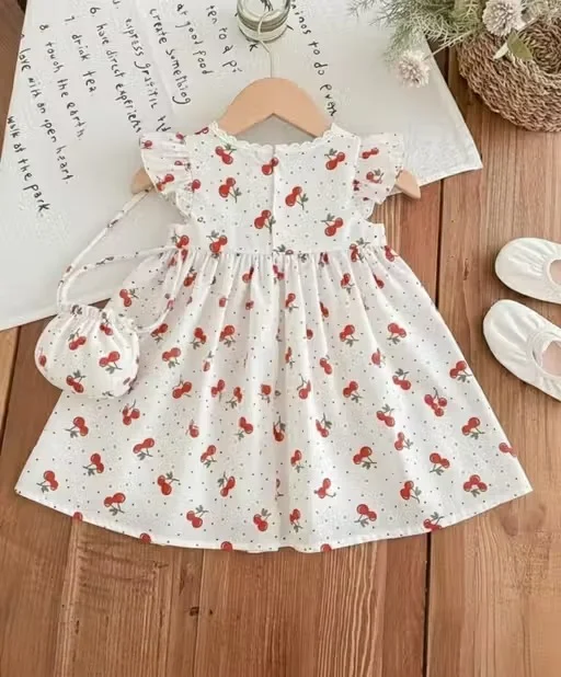 Baby Girls Printed Fit & Flare Cotton Dress with Sling Bag Combo Sleeveless Party Wear Casual Frock for Kids Birthday Wedding Summer Outfit White 4-5 Yr image 2