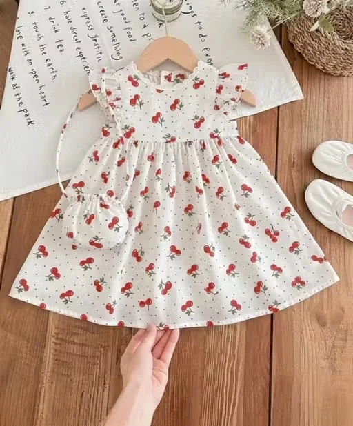 Baby Girls Printed Fit & Flare Cotton Dress with Sling Bag Combo Sleeveless Party Wear Casual Frock for Kids Birthday Wedding Summer Outfit White 4-5 Yr image 1