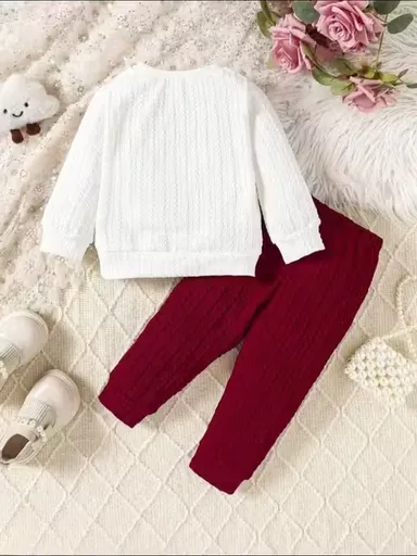 Stylish Winter Warm Woollen Knitted Sweater Set for Kids with Cute Fox Design White & Maroon Baby Sweater and Pant Combo | Unisex Infant Winter Wear Outfit for Baby Boys & Girls 6 Months to 7 Years | Soft Warm Casual Party Daily Wear Clothing Set  thumbnail 2