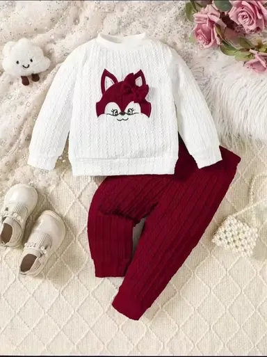 Stylish Winter Warm Woollen Knitted Sweater Set for Kids with Cute Fox Design White & Maroon Baby Sweater and Pant Combo | Unisex Infant Winter Wear Outfit for Baby Boys & Girls 6 Months to 7 Years | Soft Warm Casual Party Daily Wear Clothing Set  thumbnail 0