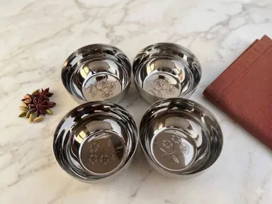 Stainless Steel Floral Engraved Bowl Set of 4 |Elegant Kitchen Serving Set thumbnail 1