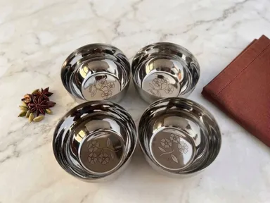 Stainless Steel Floral Engraved Bowl Set of 4 |Elegant Kitchen Serving Set thumbnail 2