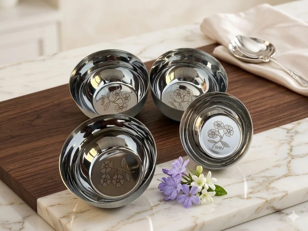 Stainless Steel Floral Engraved Bowl Set of 4 |Elegant Kitchen Serving Set image 4