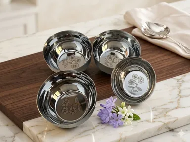 Stainless Steel Floral Engraved Bowl Set of 4 |Elegant Kitchen Serving Set thumbnail 3