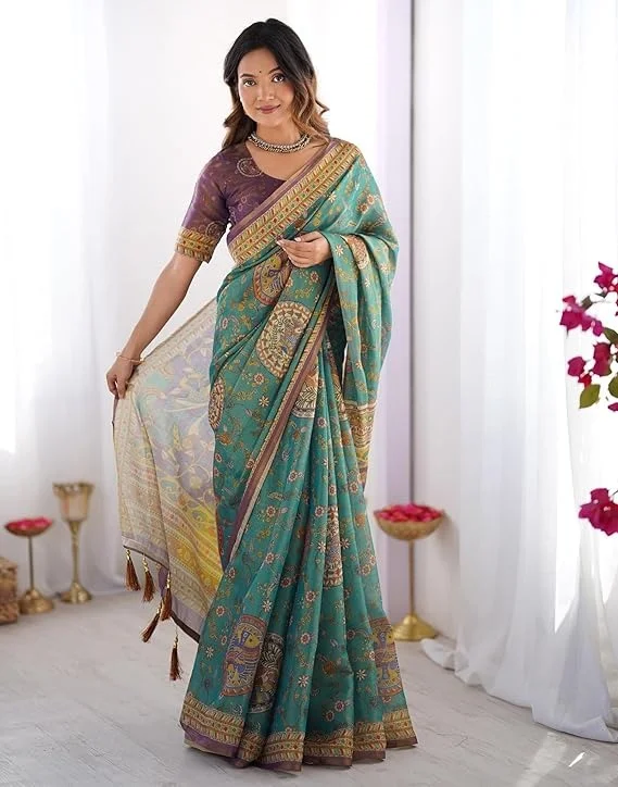 Women Cotton Linen Printed Handloom Saree with Unstitched Blouse Piece Soft Lightweight Traditional Ethnic Saree for Festive Casual Office Party Wear image 2