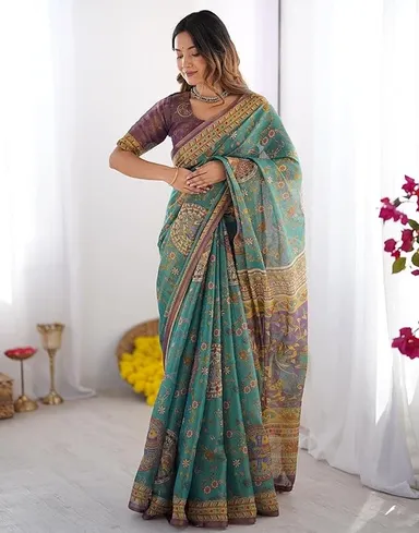 Women Cotton Linen Printed Handloom Saree with Unstitched Blouse Piece Soft Lightweight Traditional Ethnic Saree for Festive Casual Office Party Wear thumbnail 2