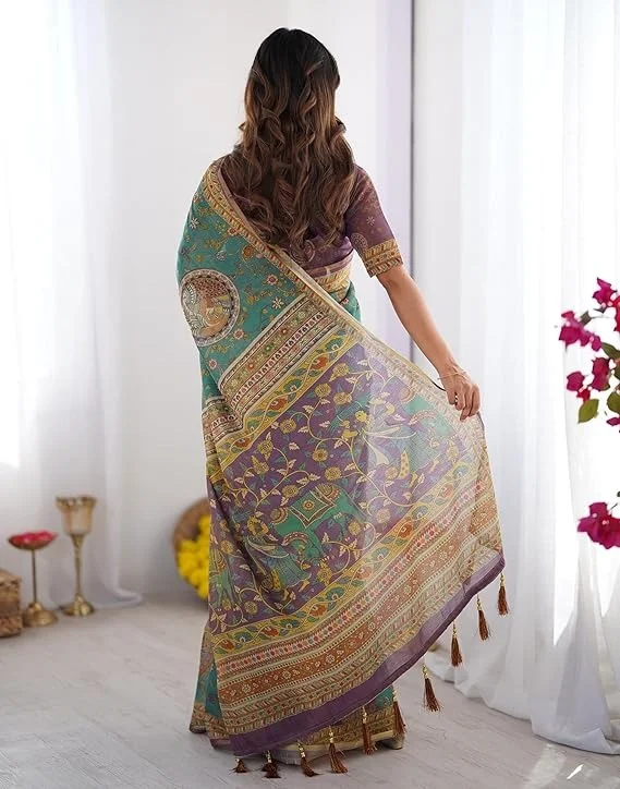 Women Cotton Linen Printed Handloom Saree with Unstitched Blouse Piece Soft Lightweight Traditional Ethnic Saree for Festive Casual Office Party Wear image 4