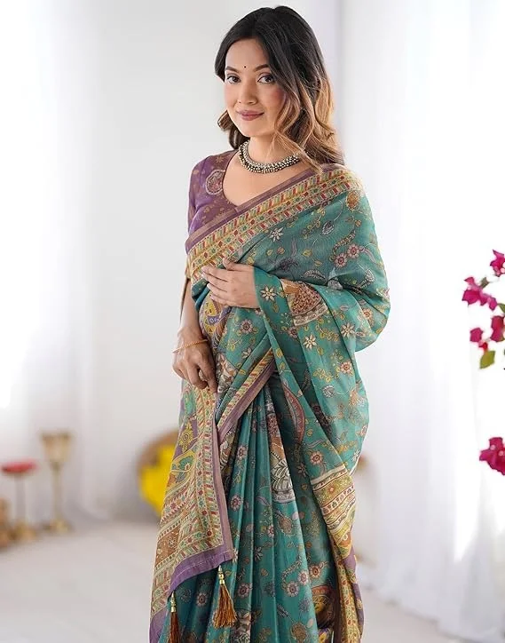 Women Cotton Linen Printed Handloom Saree with Unstitched Blouse Piece Soft Lightweight Traditional Ethnic Saree for Festive Casual Office Party Wear image 6