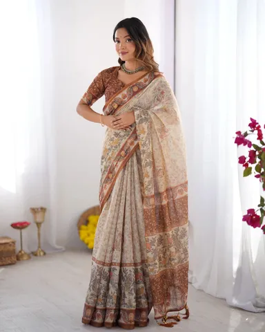 Elegant Beige Brown Pure Linen Cotton Handloom Saree with Animal Motifs Floral Prints and Unstitched Blouse Piece Traditional Ethnic Saree for Women Festive Office Party Wear thumbnail 1