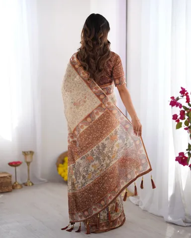Elegant Beige Brown Pure Linen Cotton Handloom Saree with Animal Motifs Floral Prints and Unstitched Blouse Piece Traditional Ethnic Saree for Women Festive Office Party Wear thumbnail 3