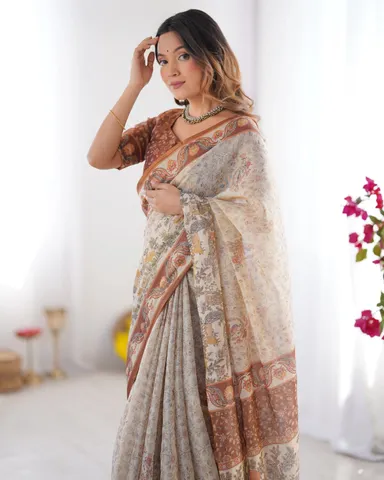 Elegant Beige Brown Pure Linen Cotton Handloom Saree with Animal Motifs Floral Prints and Unstitched Blouse Piece Traditional Ethnic Saree for Women Festive Office Party Wear thumbnail 4