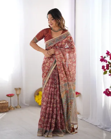 Maroon Handloom Cotton Saree with Floral Jaal Design and Multicolor Mandala Pallu Art Traditional Ethnic Saree for Women Festive Office Casual Party Wear thumbnail 4
