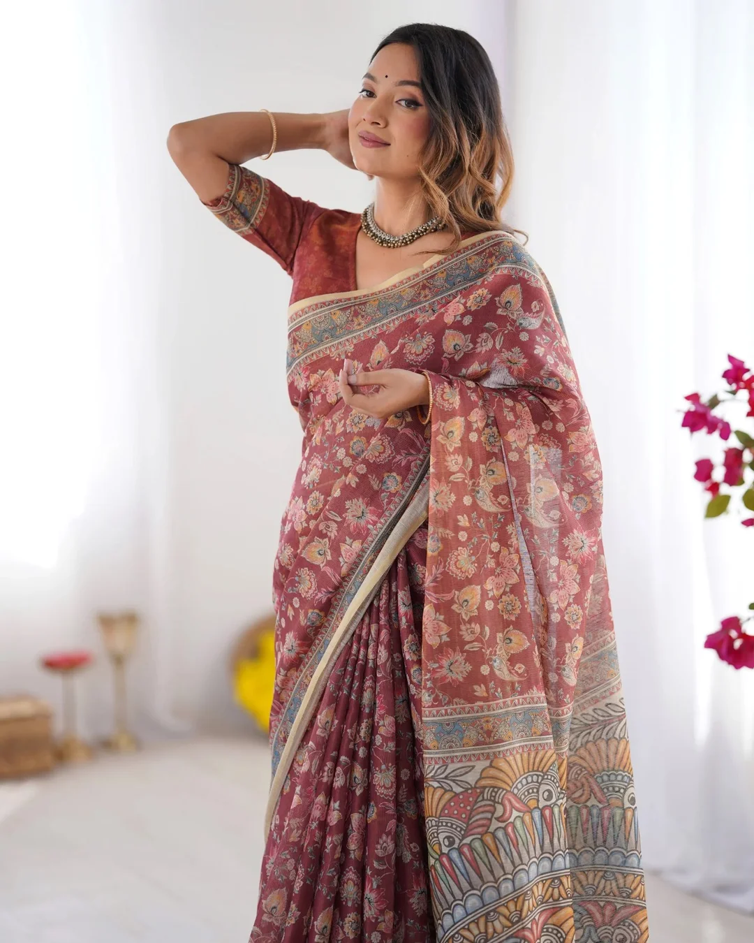 Maroon Handloom Cotton Saree with Floral Jaal Design and Multicolor Mandala Pallu Art Traditional Ethnic Saree for Women Festive Office Casual Party Wear image 6
