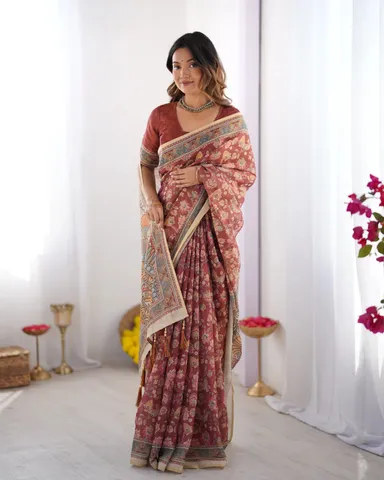 Maroon Handloom Cotton Saree with Floral Jaal Design and Multicolor Mandala Pallu Art Traditional Ethnic Saree for Women Festive Office Casual Party Wear thumbnail 6