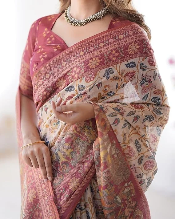 Premium Banarasi Brocade Silk Saree with Zari Work Beige Maroon Floral Printed Traditional Art Pallu Designer Border Tassels and Unstitched Blouse Piece for Women Wedding Festive Party Wear image 2