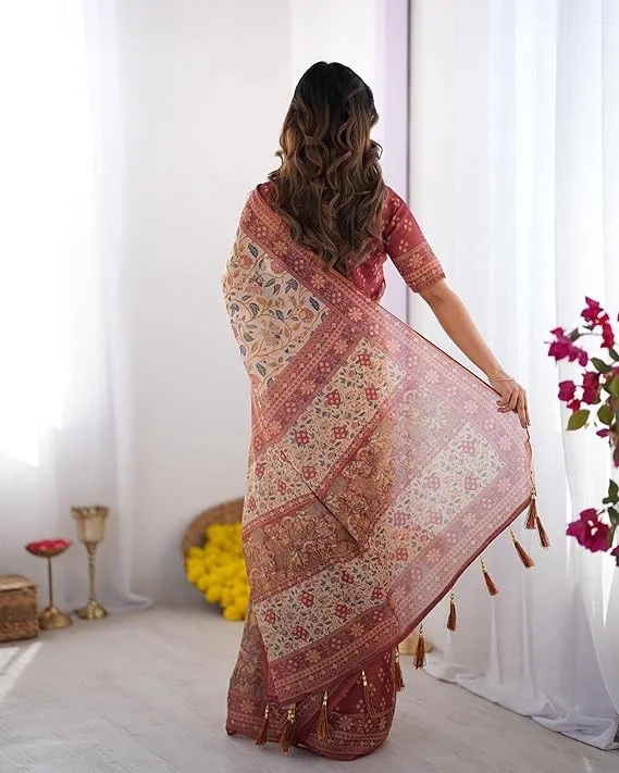 Premium Banarasi Brocade Silk Saree with Zari Work Beige Maroon Floral Printed Traditional Art Pallu Designer Border Tassels and Unstitched Blouse Piece for Women Wedding Festive Party Wear image 3
