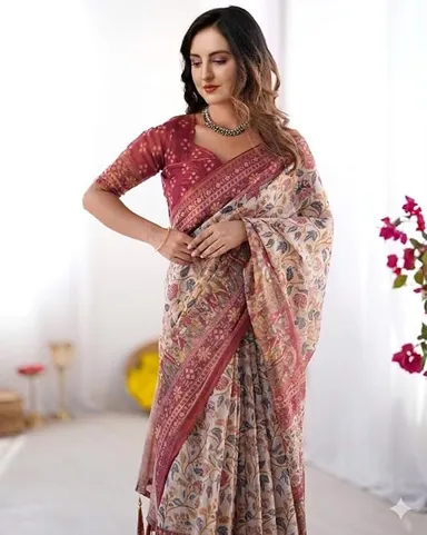 Premium Banarasi Brocade Silk Saree with Zari Work Beige Maroon Floral Printed Traditional Art Pallu Designer Border Tassels and Unstitched Blouse Piece for Women Wedding Festive Party Wear thumbnail 3