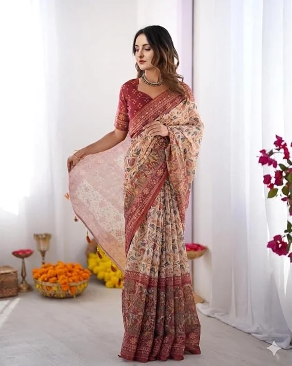 Premium Banarasi Brocade Silk Saree with Zari Work Beige Maroon Floral Printed Traditional Art Pallu Designer Border Tassels and Unstitched Blouse Piece for Women Wedding Festive Party Wear image 1