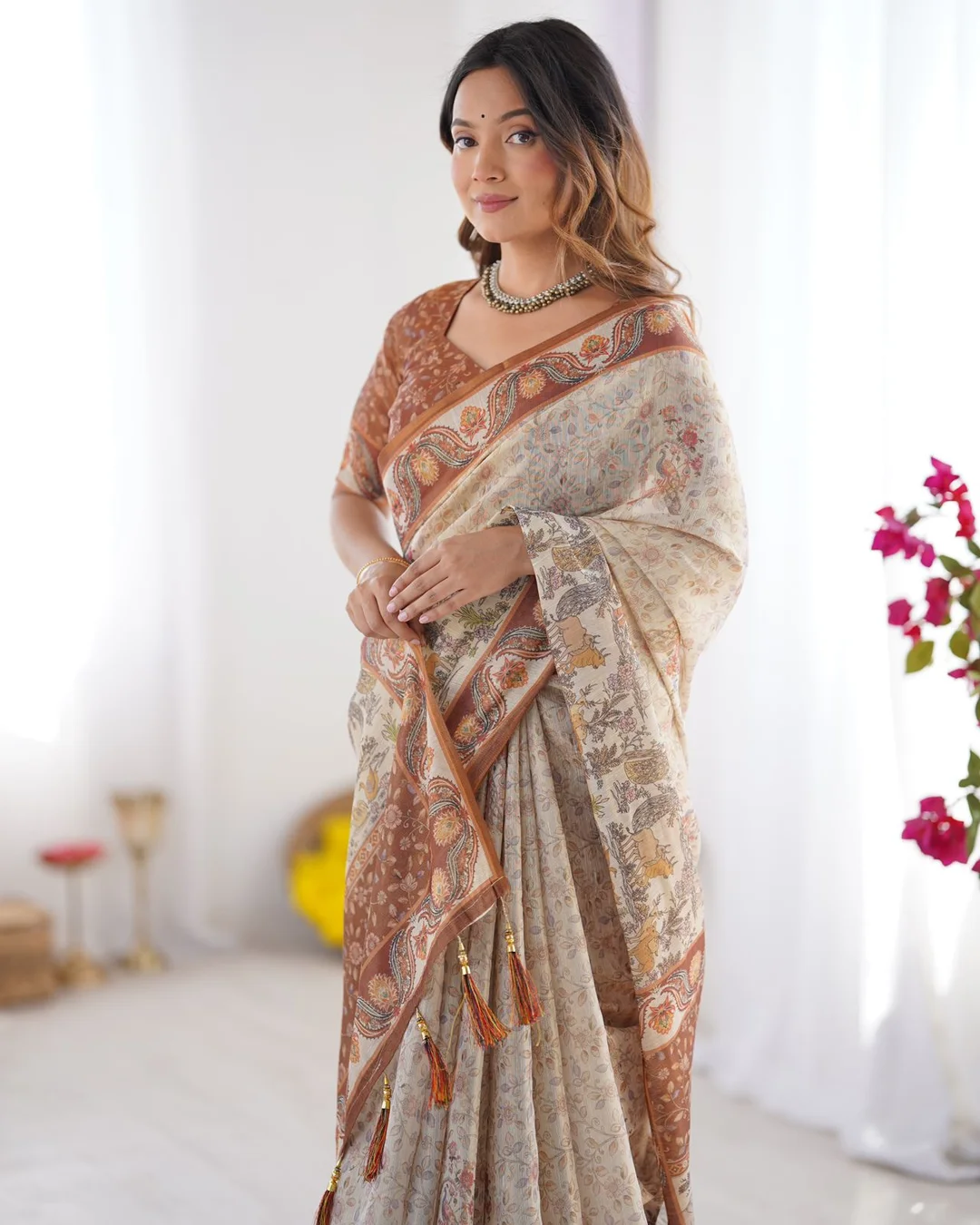 Women Multicolor Printed Cotton Pre-Stitched Saree Set (XSR84328) Off White Kota Doria Saree Free Size image 3