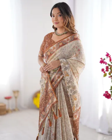 Women Multicolor Printed Cotton Pre-Stitched Saree Set (XSR84328) Off White Kota Doria Saree Free Size thumbnail 2