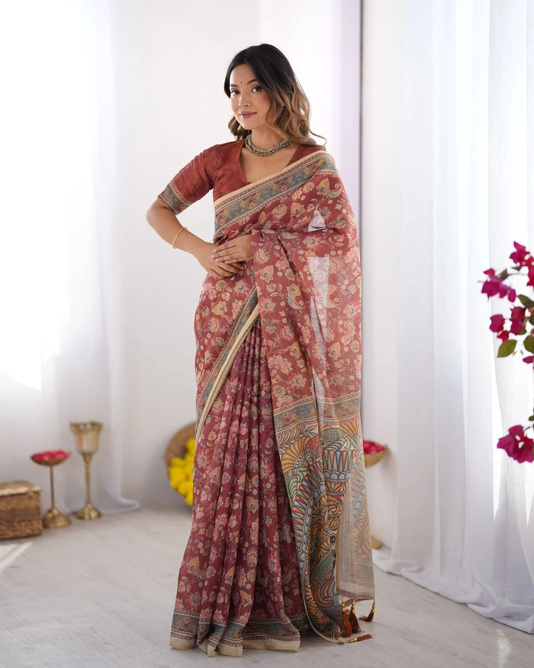 Women Multicolor Printed Cotton Pre-Stitched Saree Set (XSR84328) Brick Red & Beige Free Size image 2