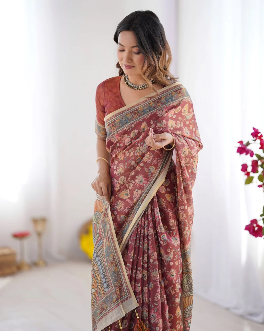 Women Multicolor Printed Cotton Pre-Stitched Saree Set (XSR84328) Brick Red & Beige Free Size image 3