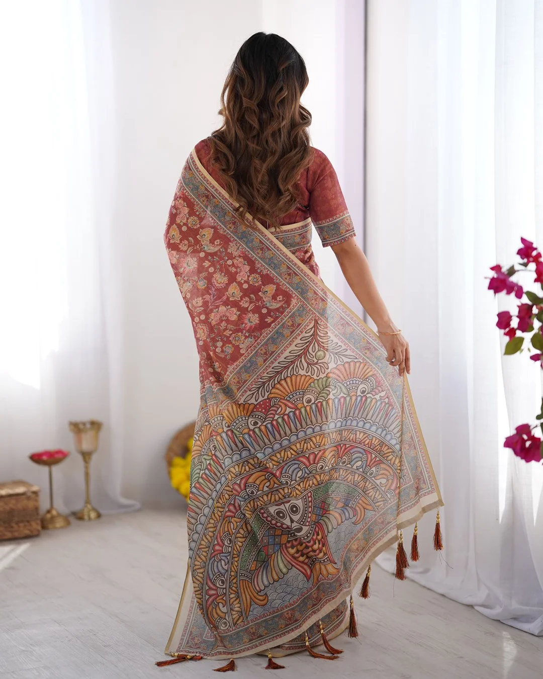 Women Multicolor Printed Cotton Pre-Stitched Saree Set (XSR84328) Brick Red & Beige Free Size image 4