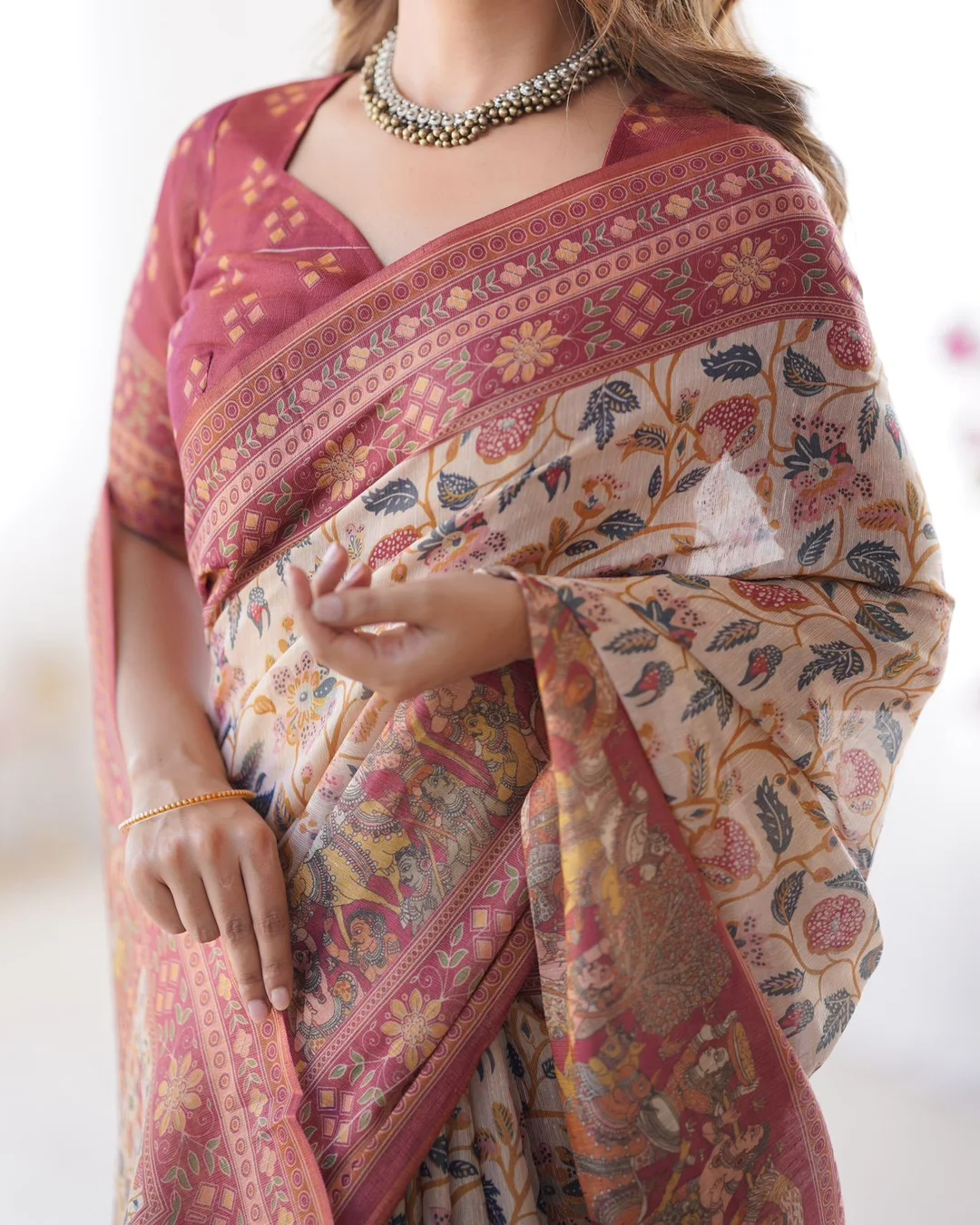 Women Multicolor Printed Cotton Pre-Stitched Saree Set (XSR84328) Beige-Maroon Floral Print Free Size image 2