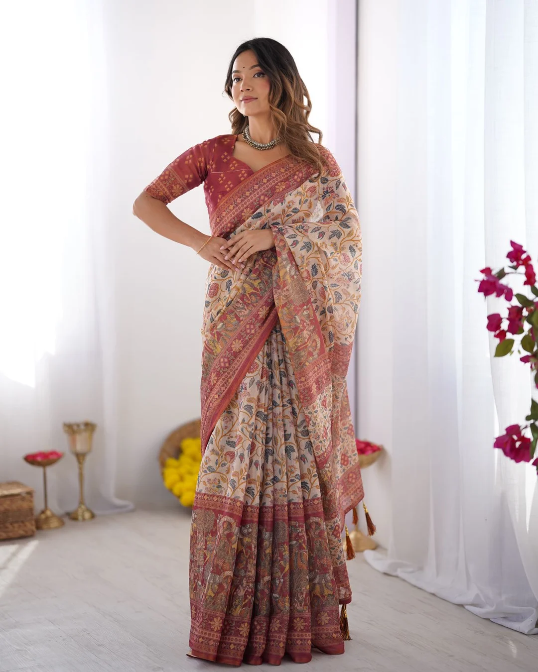 Women Multicolor Printed Cotton Pre-Stitched Saree Set (XSR84328) Beige-Maroon Floral Print Free Size image 3