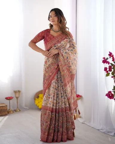 Women Multicolor Printed Cotton Pre-Stitched Saree Set (XSR84328) Beige-Maroon Floral Print Free Size thumbnail 2