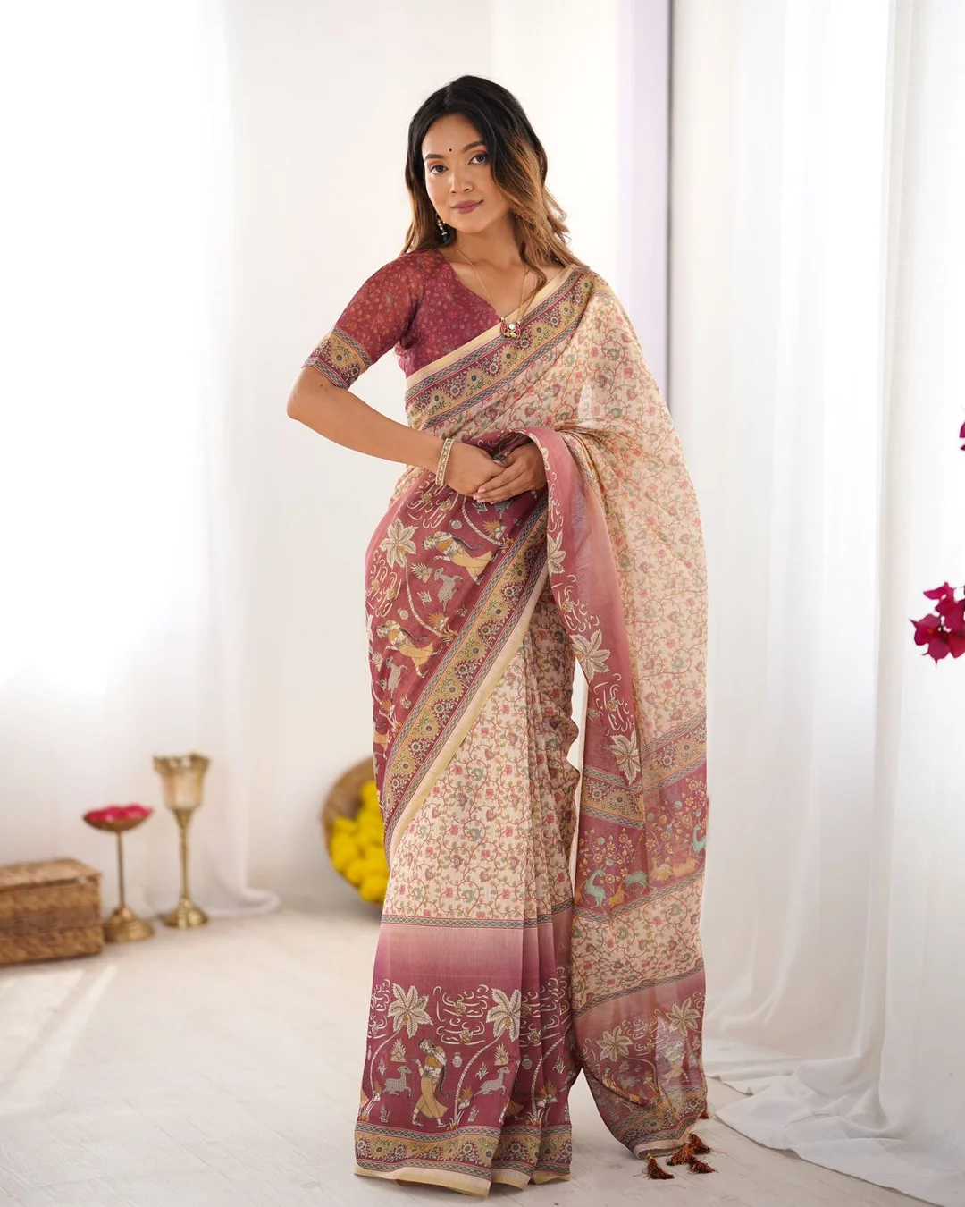 Floral Printed Pure Cotton Jamdani Saree for Women Soft Lightweight Traditional Ethnic Handloom Saree for Festive Office Casual Party Wear with Elegant Floral Design image 3