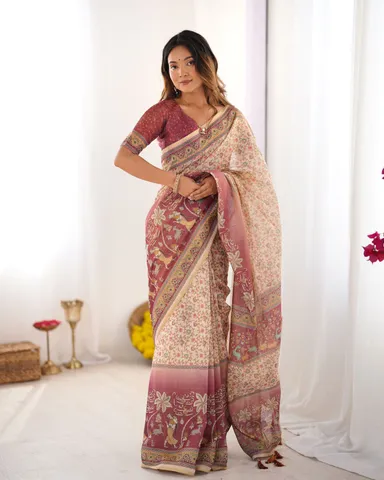 Floral Printed Pure Cotton Jamdani Saree for Women Soft Lightweight Traditional Ethnic Handloom Saree for Festive Office Casual Party Wear with Elegant Floral Design thumbnail 2
