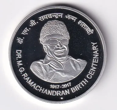India 100 Rupees 2017 Dr M G Ramachandran MGR Birth Centenary Silver Commemorative Coin UNC Proof India Government Mint Numismatic Collectible Rare thumbnail 0