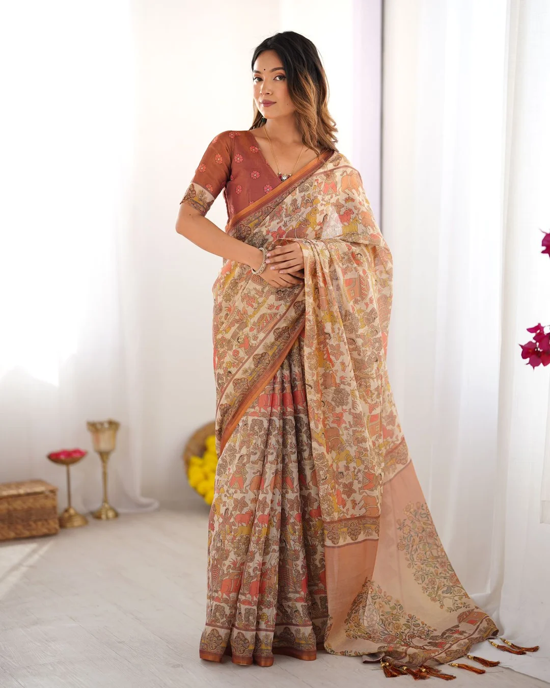 VF ALMA S Pure Handloom Tussar Silk Saree with Traditional Kalamkari Print & Matching Blouse Piece image 3