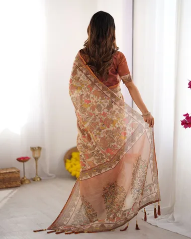 VF ALMA S Pure Handloom Tussar Silk Saree with Traditional Kalamkari Print & Matching Blouse Piece thumbnail 3