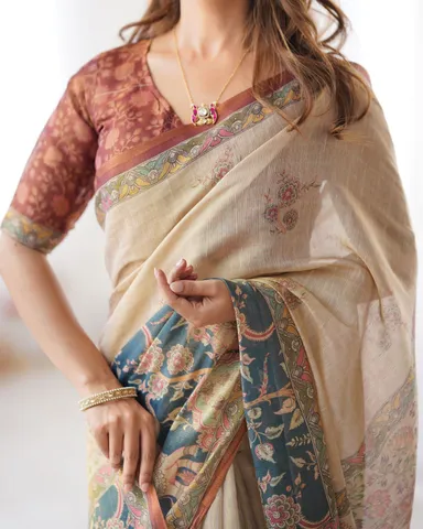 Pure Handloom Cotton Digital Printed Saree with Tassels and Attached Blouse for Women Soft Lightweight Traditional Ethnic Saree for Festive Office Casual Party Wear thumbnail 1